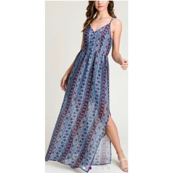 Doe & Rae Blue Abstract Double-Strap Cross-Back Maxi Dress - Women - Picture 1 of 4